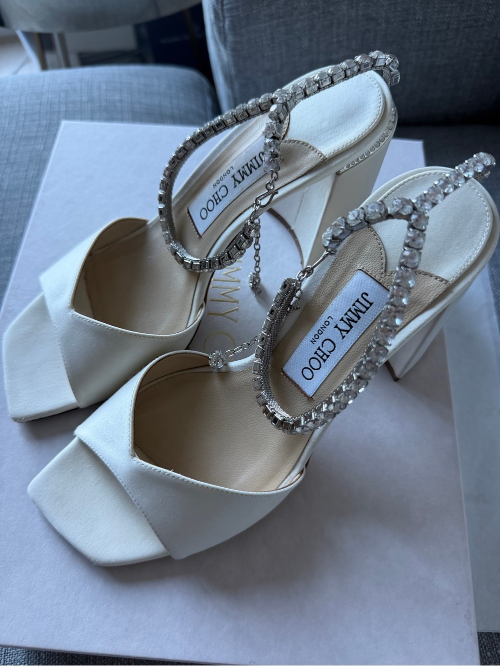Jimmy Choo Saeda sandals - White Satin Crystal-Ankle Strap Heels Authentic